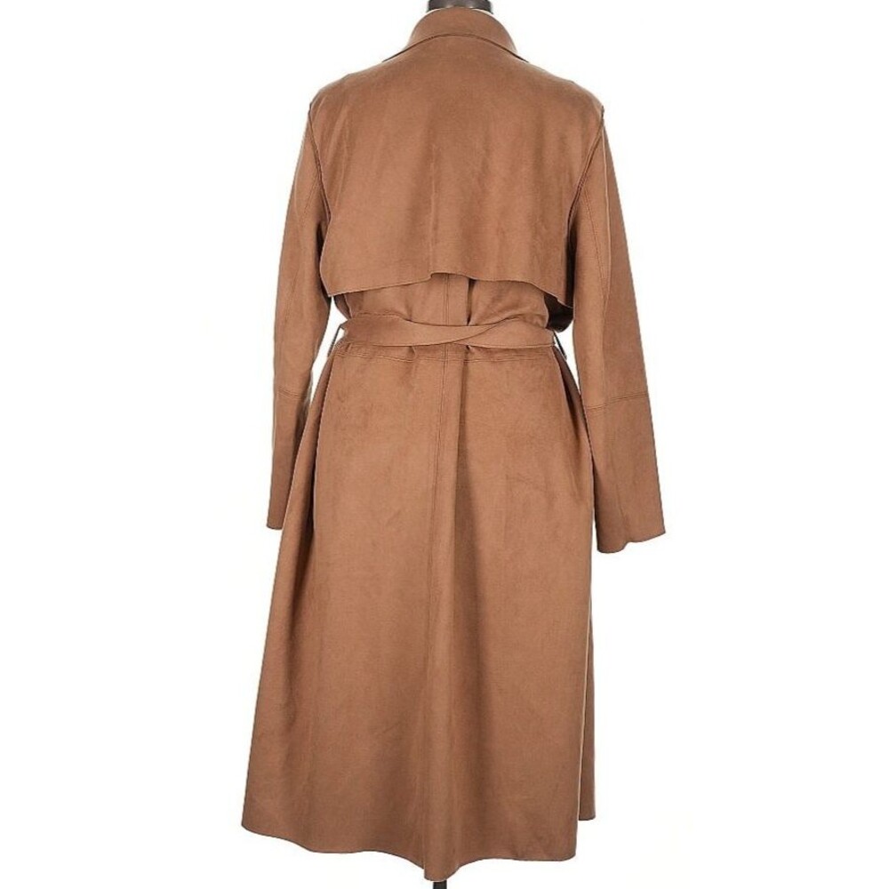 DESIGNER H&M TAN FAUX SUEDE BELTED MIDI LENGTH 48" TRENCH COAT SIZE XLARGE - Picture 3 of 16